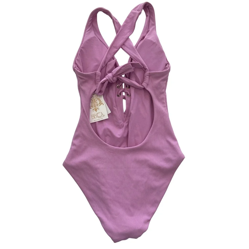 BECCA Modern‎ Edge Plunge Lace-Up Ribbed One-Piece Swimsuit Women's Size Small